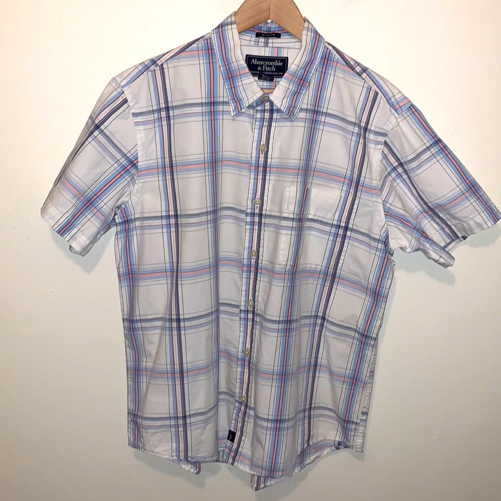 Vintage Y2K Abercrombie Muscle Fit Shirt Short Sleeve White Blue Pink Plaid Med